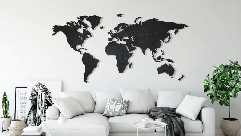 Houten wereldkaart zwart wit als eyecatcher decoratie voor interieur en werkplek