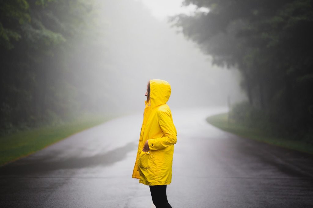 Hond draagt een blauwe regenjas en loopt in de regen buiten